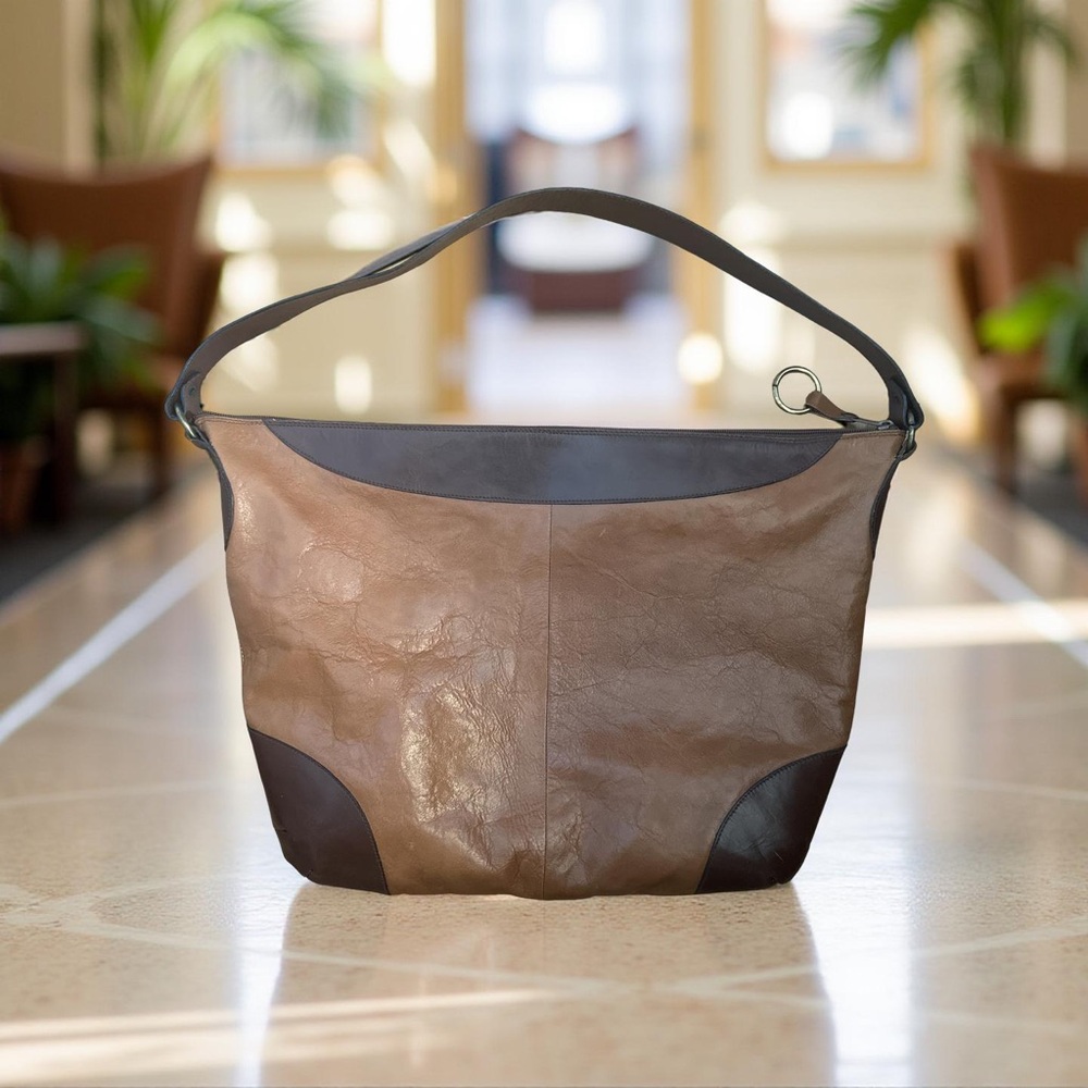 Vintage Burdines Two Tone Brown Very Large Leather Shoulder Bag Made In Italy !! - Picture 8 of 12